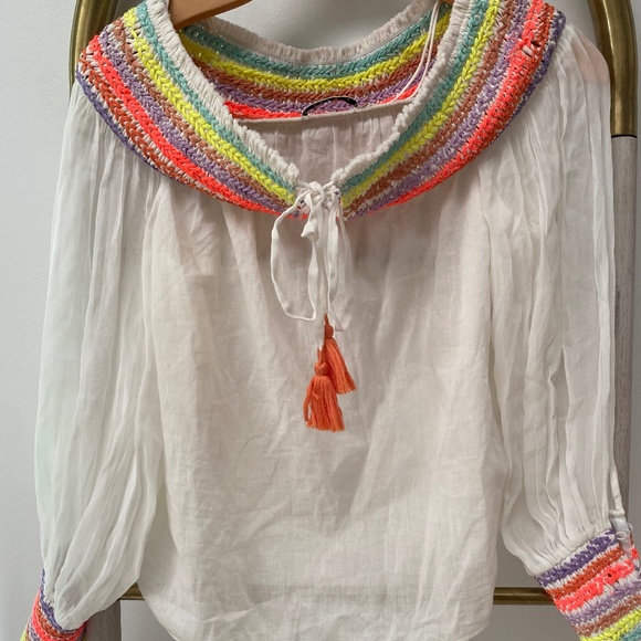 Alice + Olivia Sharyl Rainbow Peasant Embroidered Blouse Off Shldr Top XS $395 - Picture 4 of 12
